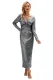 Silver Long Sleeve V Neck Twist Ruched Sequin Party Maxi Dress