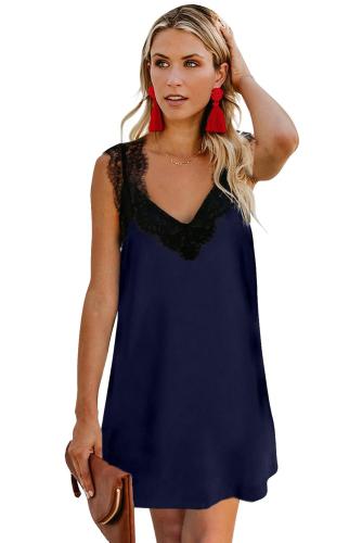 Blue V Neck Lace Shoulder Sleeveless Mini Dress