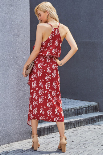 Red Print Wrap Midi Dress