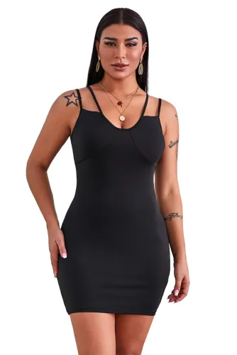 Double Straps Plunge Neck Ruched Mini Dress