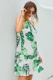 Leaf Print Drawstring Neck Sleeveless Short Dress
