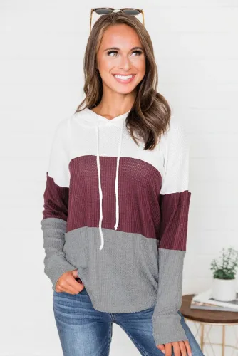 0库存缺货Red Color Block Drawstring Thumbhole Hoodie 21