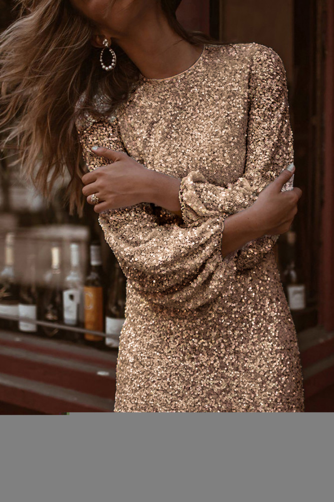 Apricot Puffy Sleeve Sequin Party Mini Dress