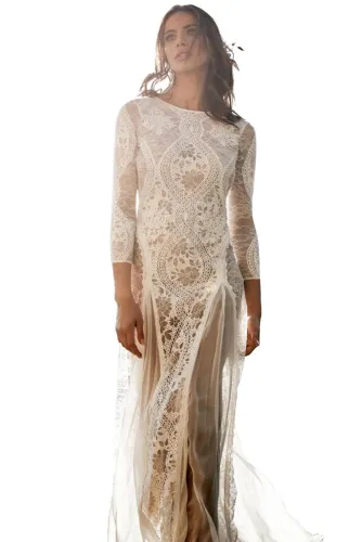 Dreamy Long Sleeve Floral Lace Wedding Party Dress