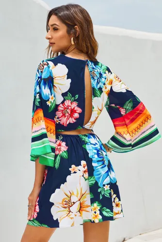 Multicolor V Neck Bell Sleeve Floral Short Dress