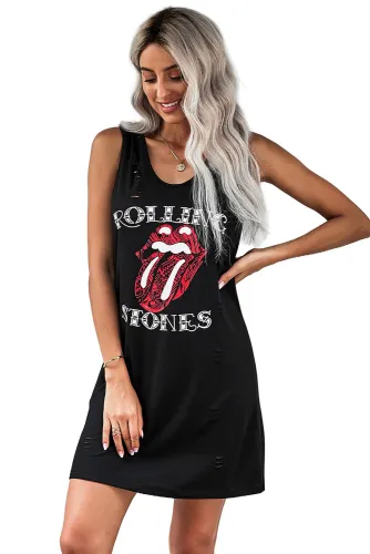 Black Casual ROLLING STONES V Neck Cotton Dress