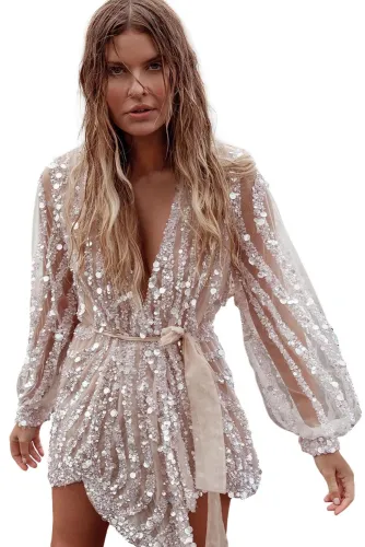 Apricot Sequin Surpliced Wrap Deep V Neck Party Mini Dress