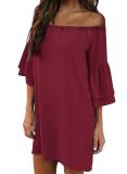Red Off Shoulder Ruffled Sleeve Shift Dress