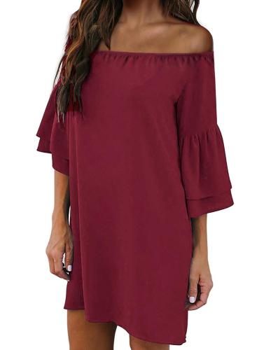 Red Off Shoulder Ruffled Sleeve Shift Dress