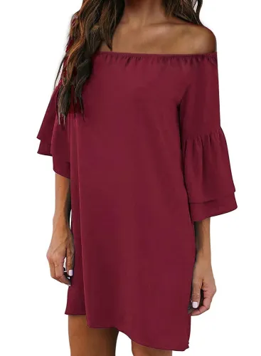 Red Off Shoulder Ruffled Sleeve Shift Dress