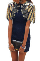 Blue Sequin Shoulder Cocktail Party Dress