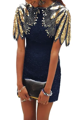 Blue Sequin Shoulder Cocktail Party Dress