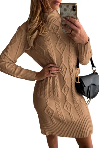 Brown High Neck Textured Bodycon Sweater Dress