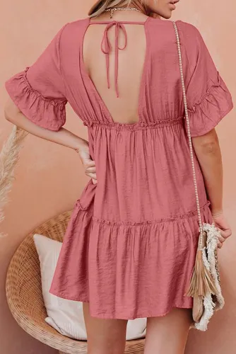 Salmon Red Pocketed Ruffle Tiered Dress