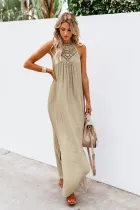 Apricot Crochet Detail Linen Sleeveless Maxi Dress with Slits