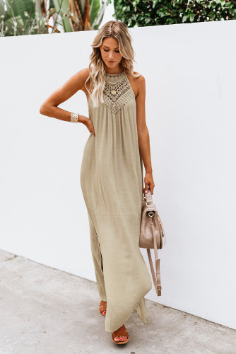 Apricot Crochet Detail Linen Sleeveless Maxi Dress with Slits