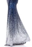 Blue Gradient One Shoulder Sequin Party Evening Dress