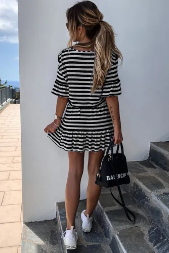 Black Stripes Ruffle Short Dress