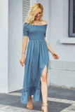 Blue Polka Dot Off Shoulder Split Maxi Dress