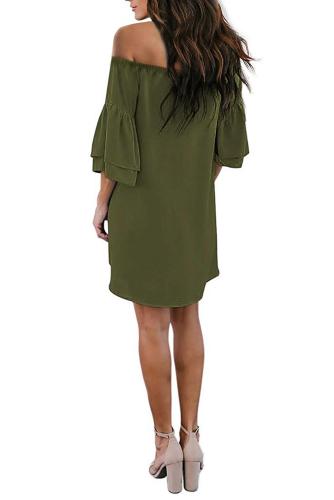 Green Off Shoulder Ruffled Sleeve Shift Dress