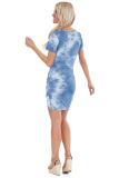 Sky Blue Tie Dye Bodycon Mini Dress with Front Tie