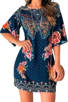 Blue 3/4 Sleeve Butterfly Floral Short Dress