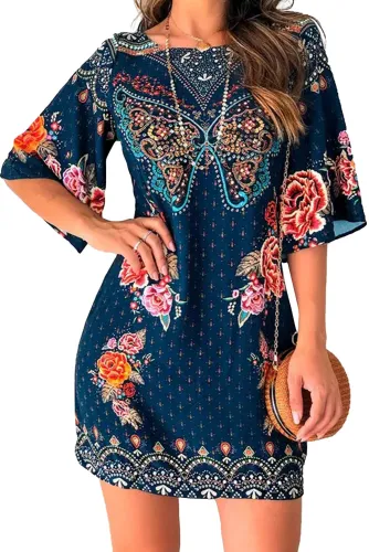 Blue 3/4 Sleeve Butterfly Floral Short Dress