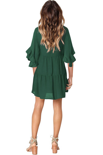 Green V Neck Ruffled Swing Tunic Shift Dress