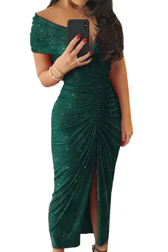 Green Glitter Off Shoulder Ruched Slit Party Dress