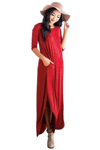 Red Pocketed Cotton Dress with Slit