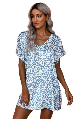 Green V-Neck Half Sleeve Leopard Casual T Shirt Dress with Pockets