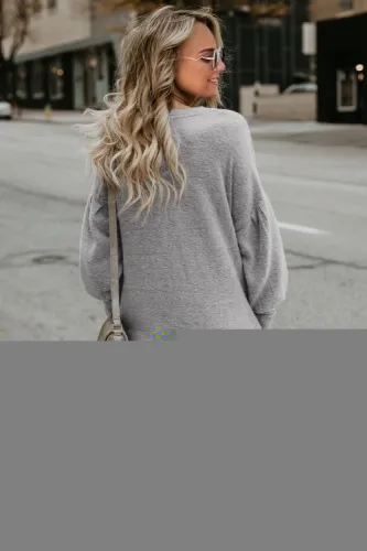 Gray Autumn Winter Long Lantern Sleeve Knitted Sweatshirt Dress