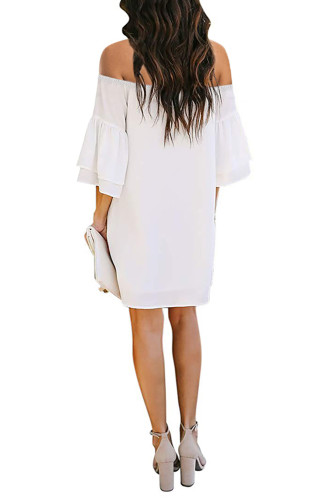 White Off Shoulder Ruffled Sleeve Shift Dress