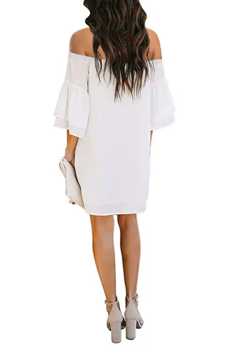 White Off Shoulder Ruffled Sleeve Shift Dress