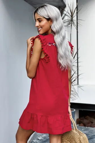 Red Boho Print Pompom Sleeve Shift Dress