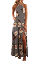 Gray Floral Halter Maxi Dress