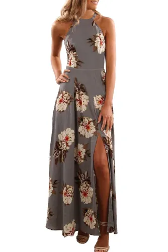 Gray Floral Halter Maxi Dress