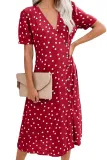Red Polka Dot Buttoned Aside Midi Dress