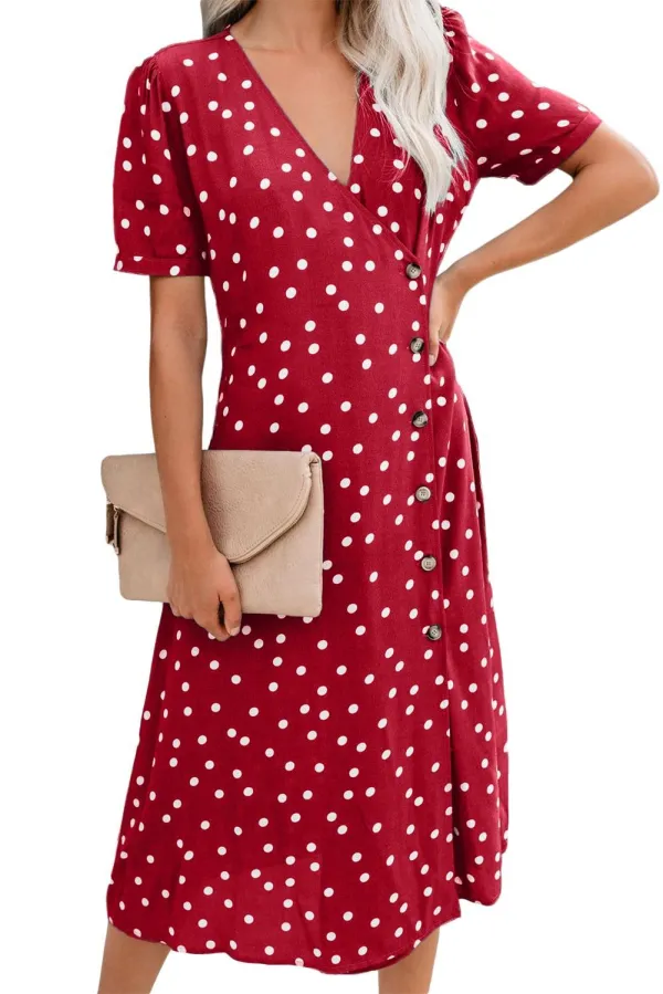 Red Polka Dot Buttoned Aside Midi Dress