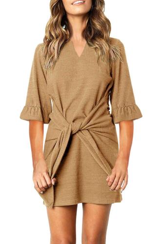 Khaki V Neck Ruffled Sleeves Waist Tie Mini Dress