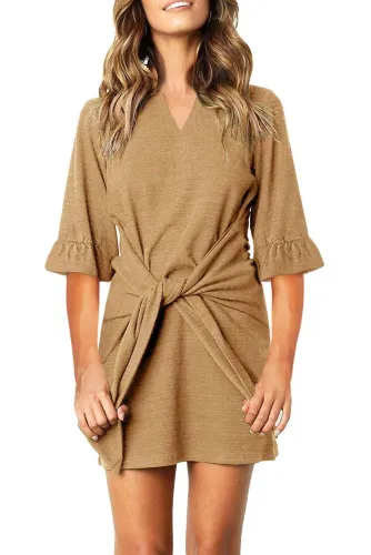 Khaki V Neck Ruffled Sleeves Waist Tie Mini Dress