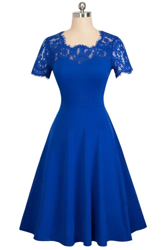 Blue Floral Lace Neckline Pinup A-Line Business Party Flare Skater Dress