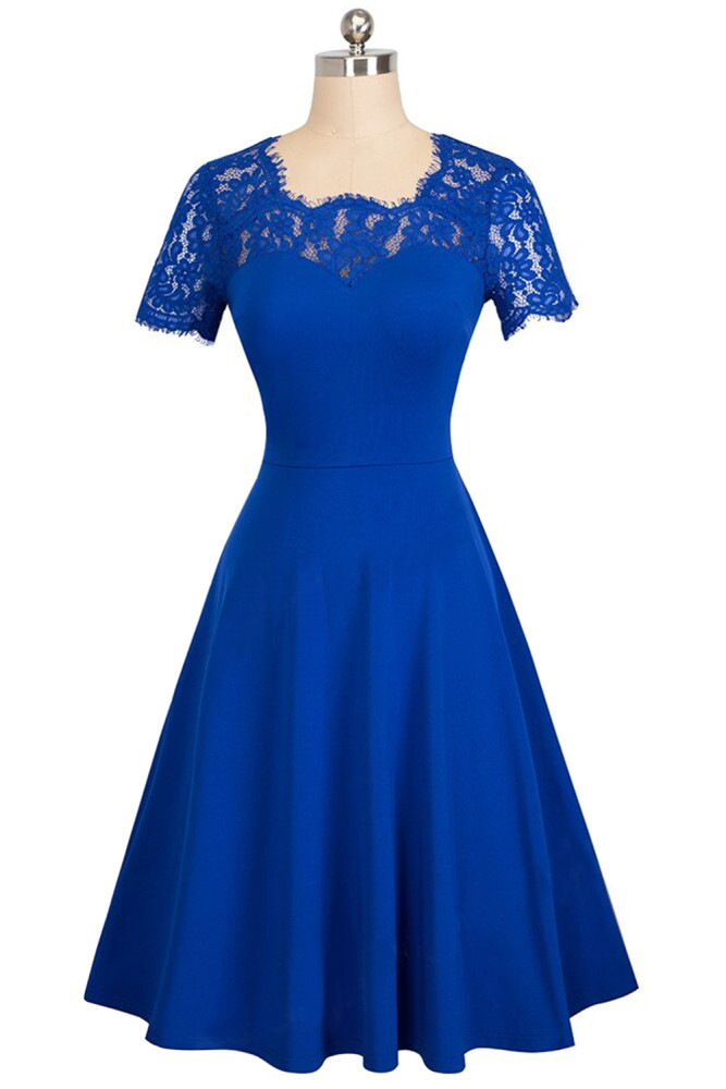 Blue Floral Lace Neckline Pinup A-Line Business Party Flare Skater Dress