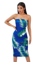 Blue Tropical Print Tube Bodycon Dress