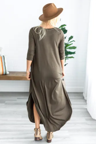 Gray Pocketed Cotton Dress with Slit