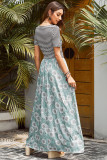 Green Floral Print Striped Belt Pockets Maxi Dress