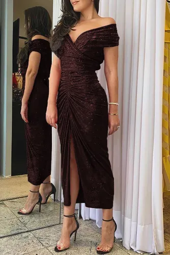 Red Glitter Off Shoulder Ruched Slit Party Dress