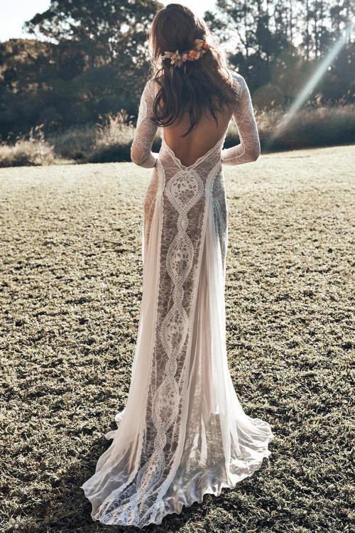 Dreamy Long Sleeve Floral Lace Wedding Party Dress