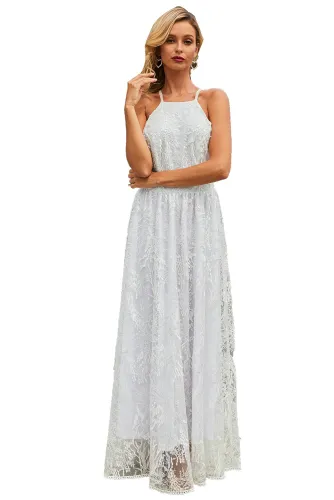 White Wedding Day Ball Party Lace Maxi Dress
