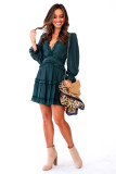 Green V Neck Ruffle Detailing Open Back Dress